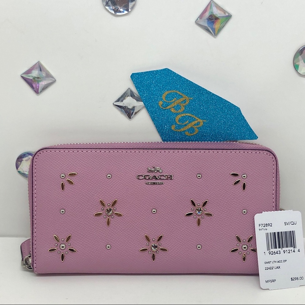 COACH💎STUDDED JEWELED GEMSTONE WALLET TULIP PINK - Picture 1 of 2